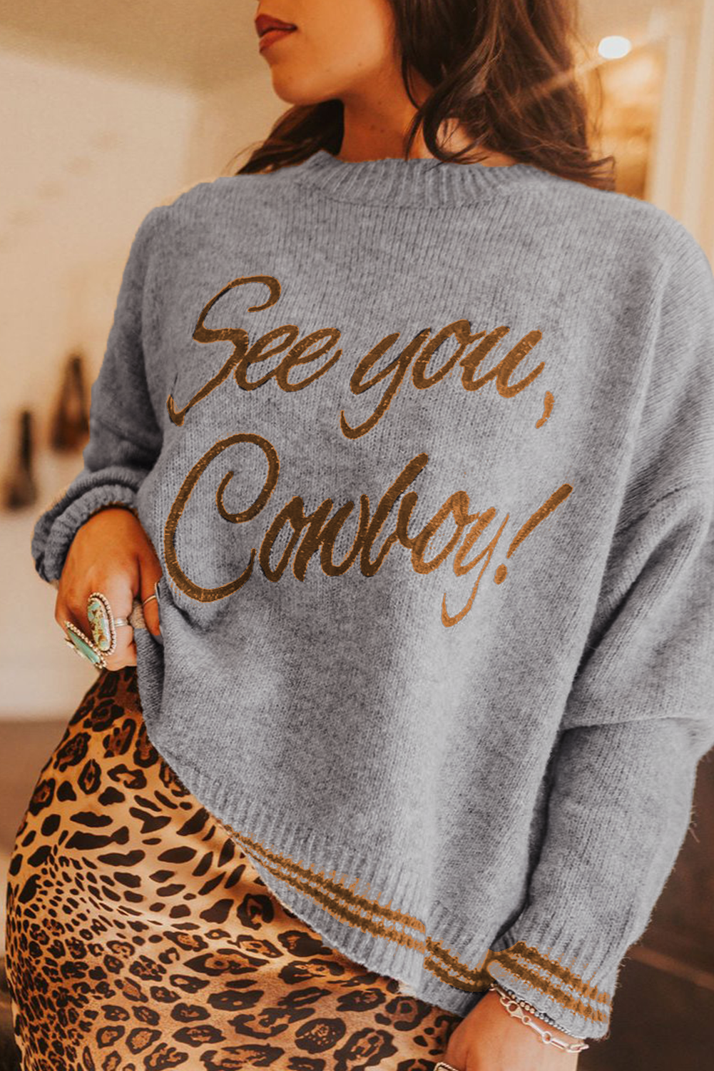 Light Grey See You Cowboy Embroidered Western Graphic Sweater