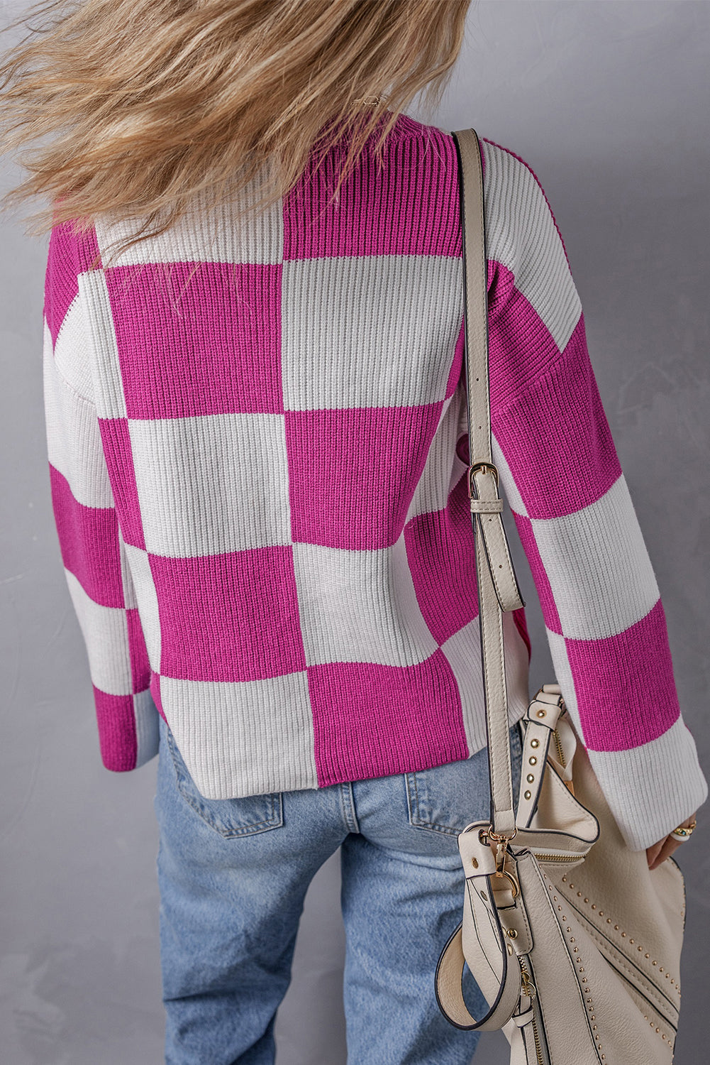 Bright Pink Checkered Round Neck Baggy Sweater