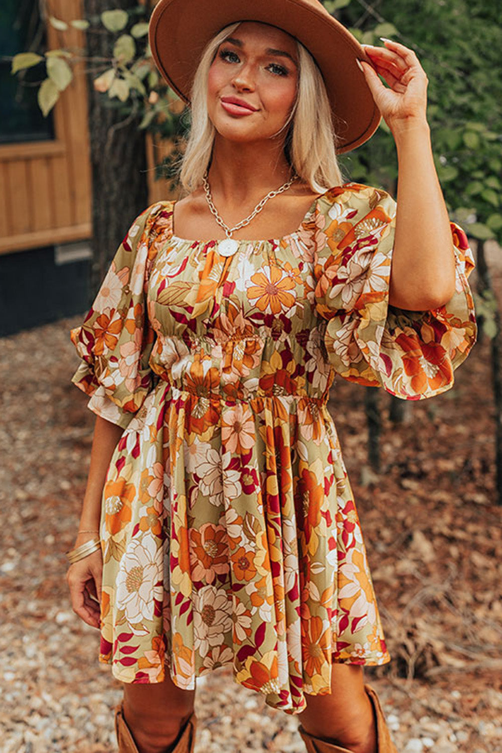 Green Ruffled Puff Short Sleeve Floral Dress