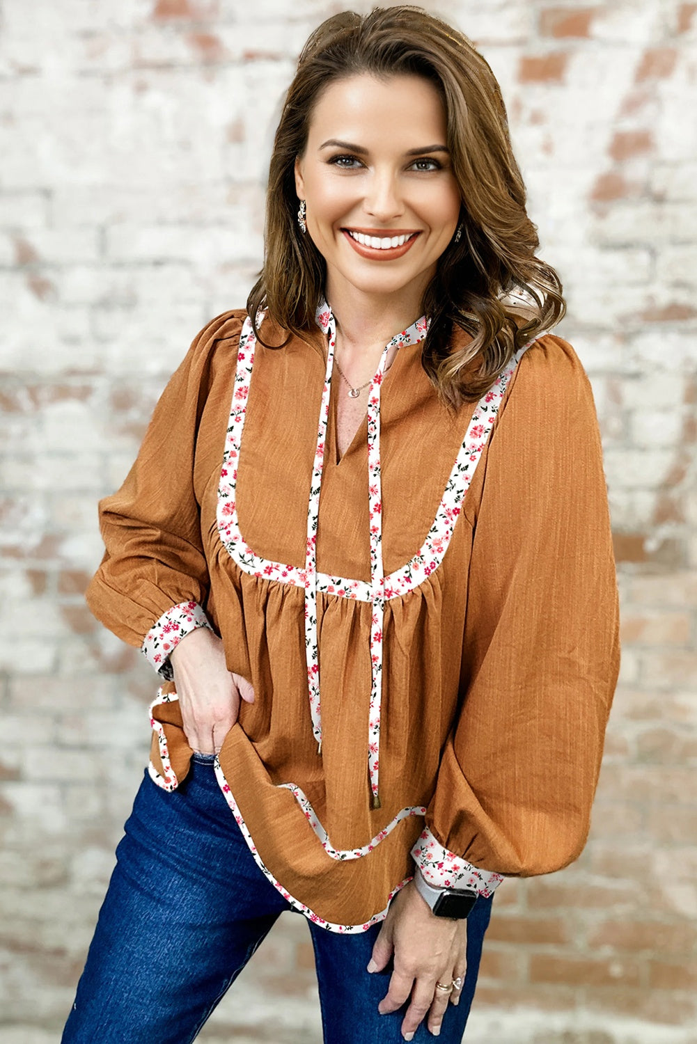 Straw Yellow Split Neck Pleated Floral Trim Long Puff Sleeve Blouse