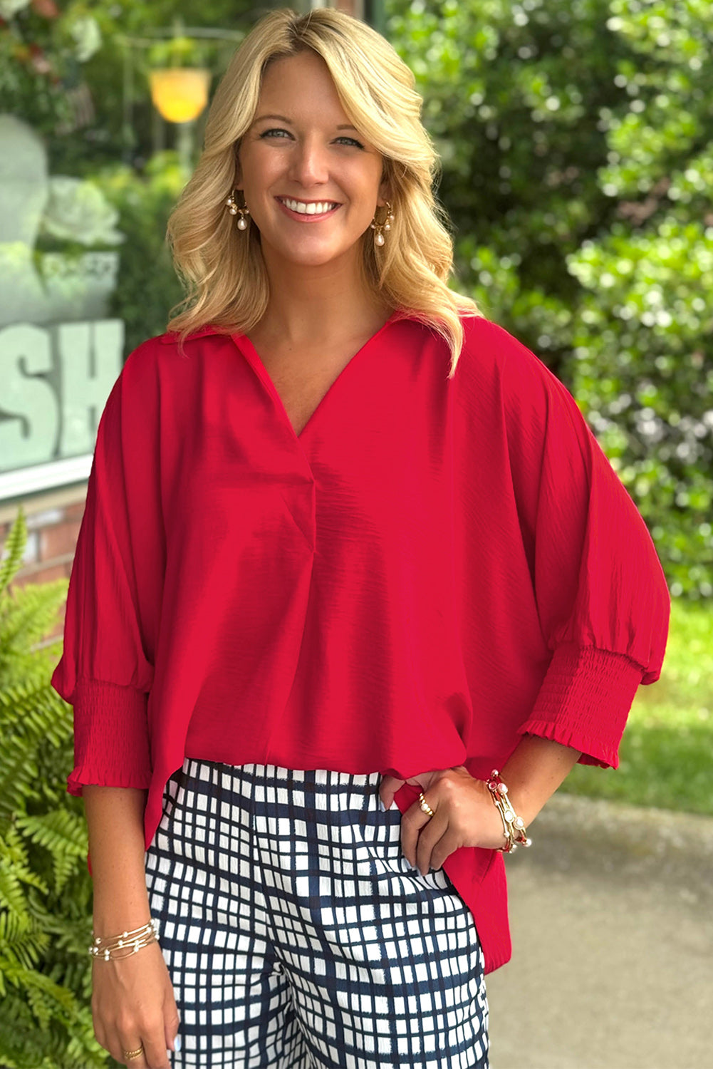 Fiery Red V Neck Collared Shirred 3/4 Sleeve Oversized Tunic Top