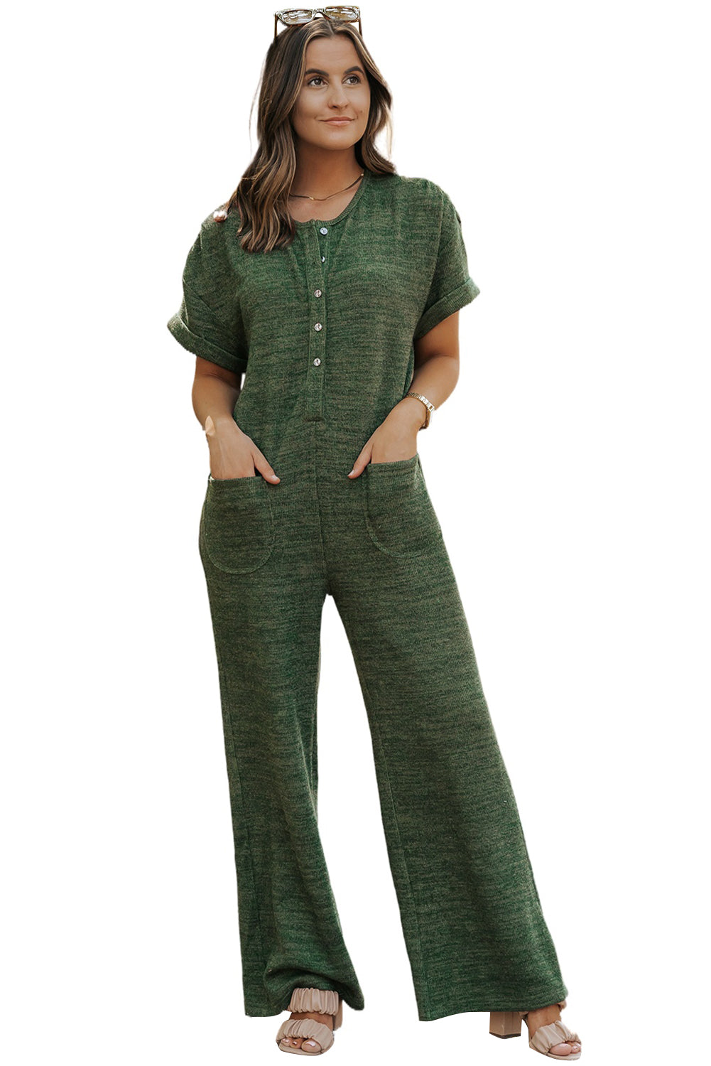 Jungle Green Textured Side Pockets Buttoned Wide Leg Jumpsuit