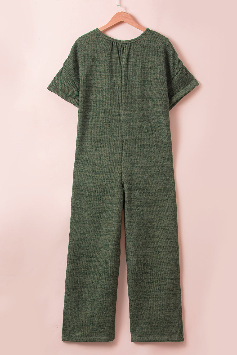 Jungle Green Textured Side Pockets Buttoned Wide Leg Jumpsuit