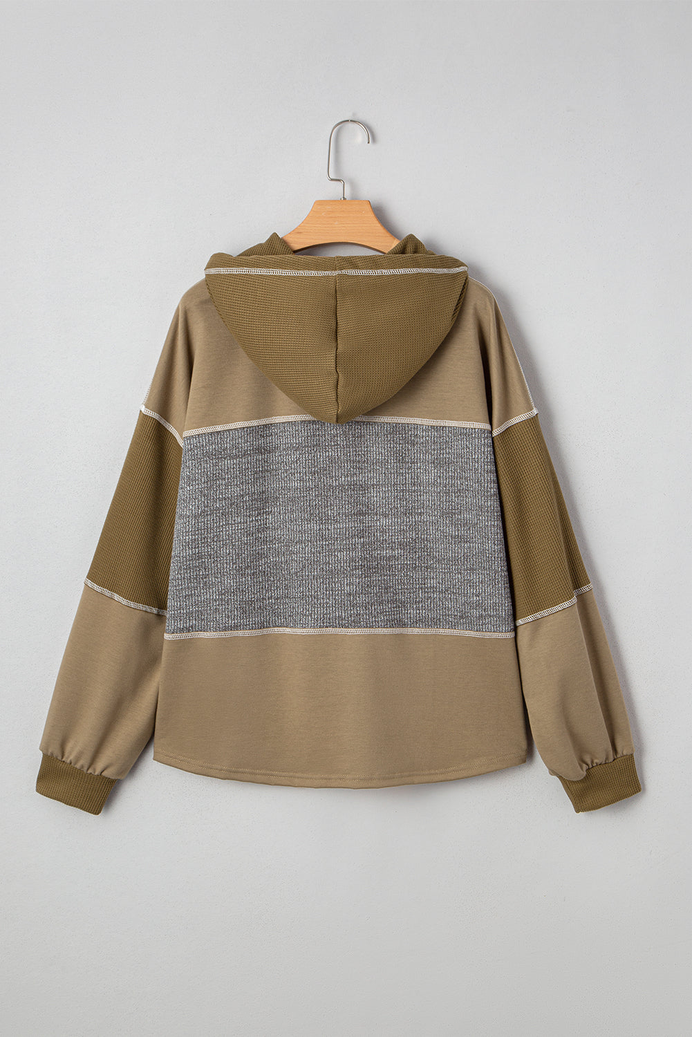 Jungle Green Mixed Texture Patchwork Exposed Seam Half Button Pullover Hooded Sweatshirt