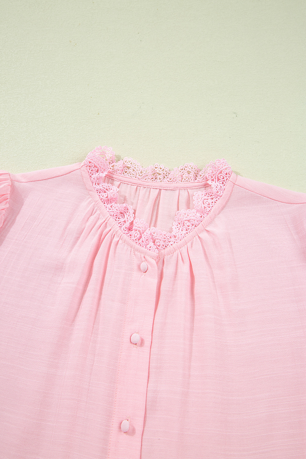 Gossamer Pink Lace Patchwork Edge Collarless Button Up Shirt