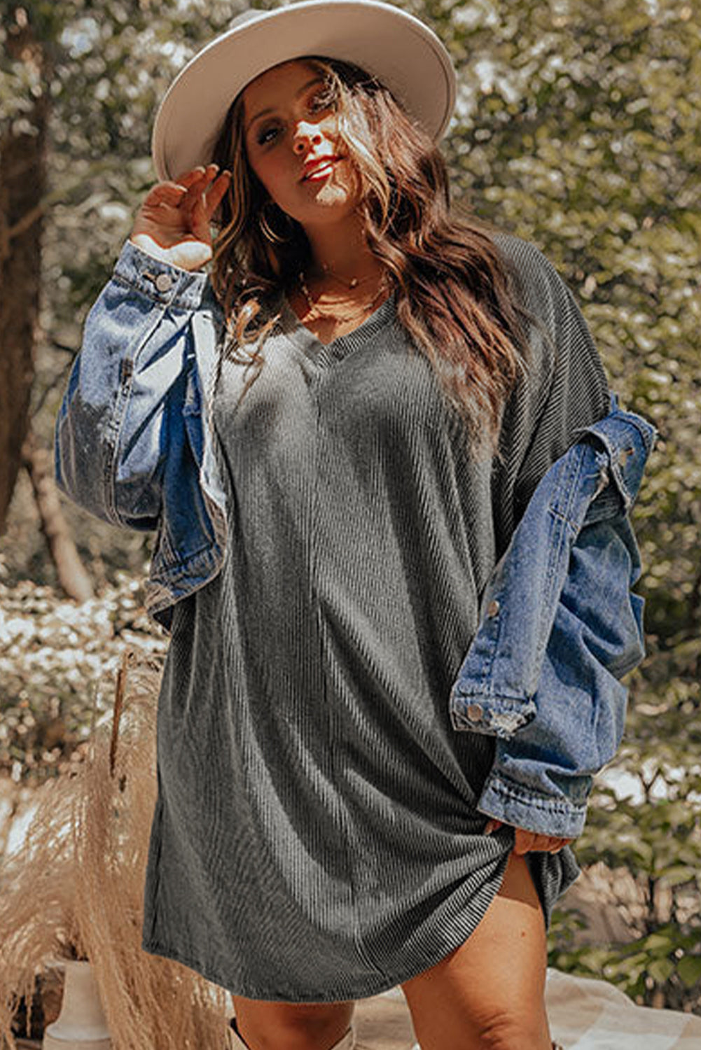 Philippine Gray Plus Size Corded V Neck Shift Dress