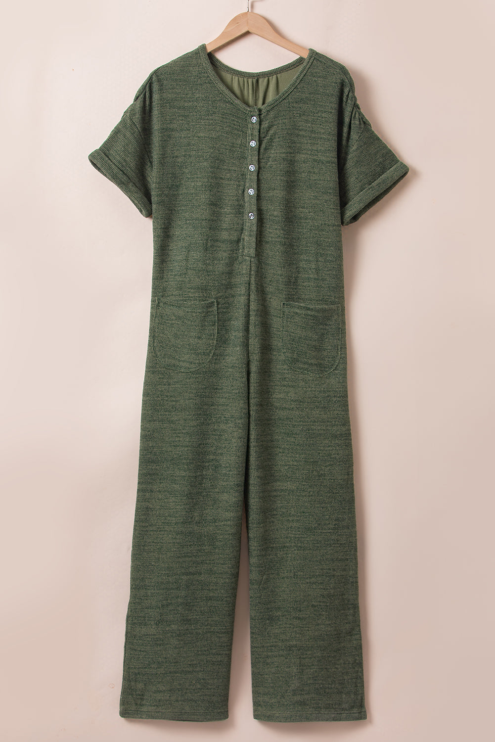 Jungle Green Textured Side Pockets Buttoned Wide Leg Jumpsuit