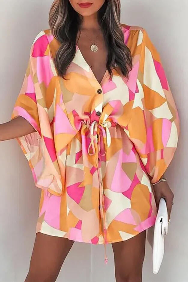 Pink Geometric Print Button Drawstring Batwing Sleeve Dress