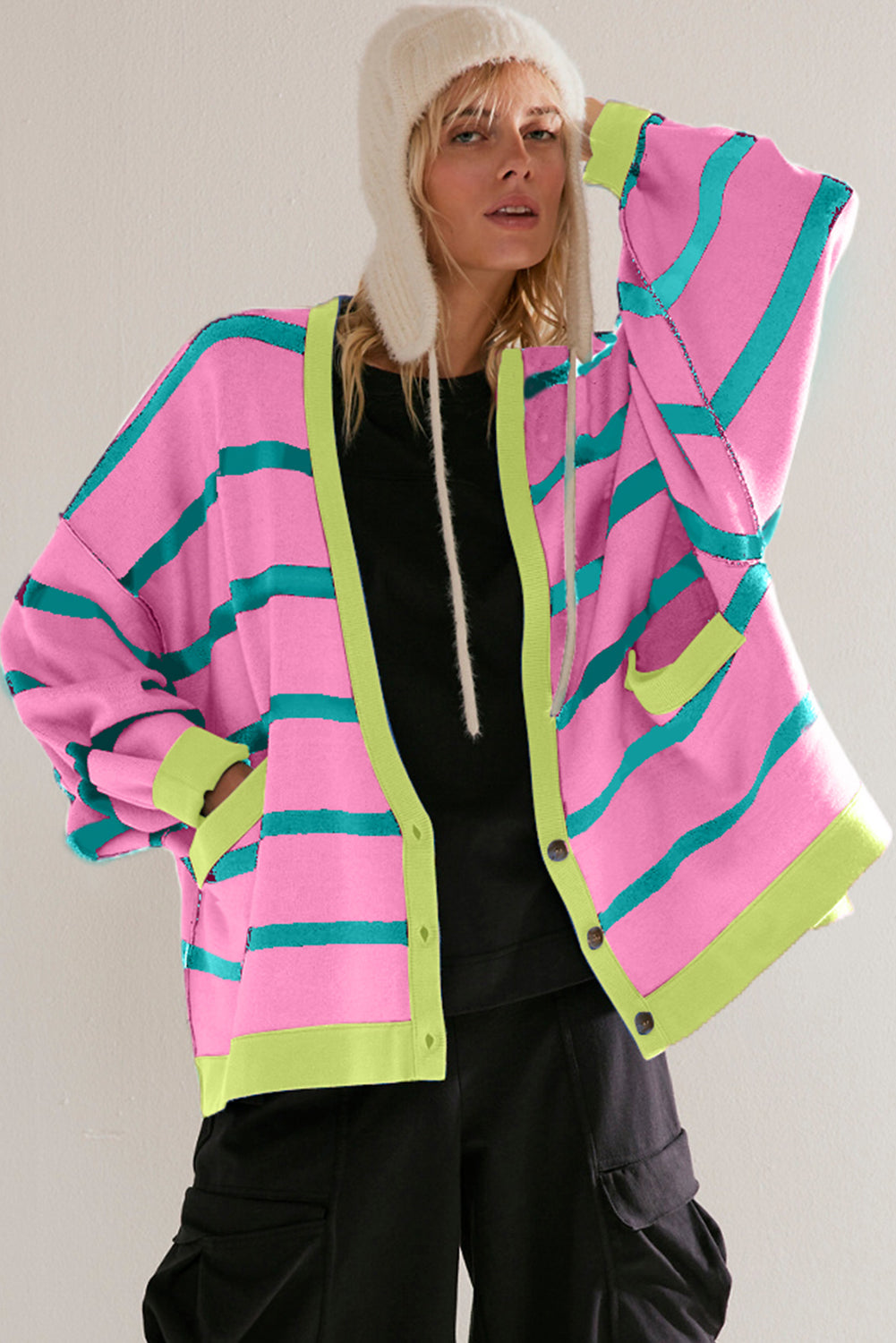Pink Stripe Colorblock Drop Shoulder Buttoned Loose Cardigan