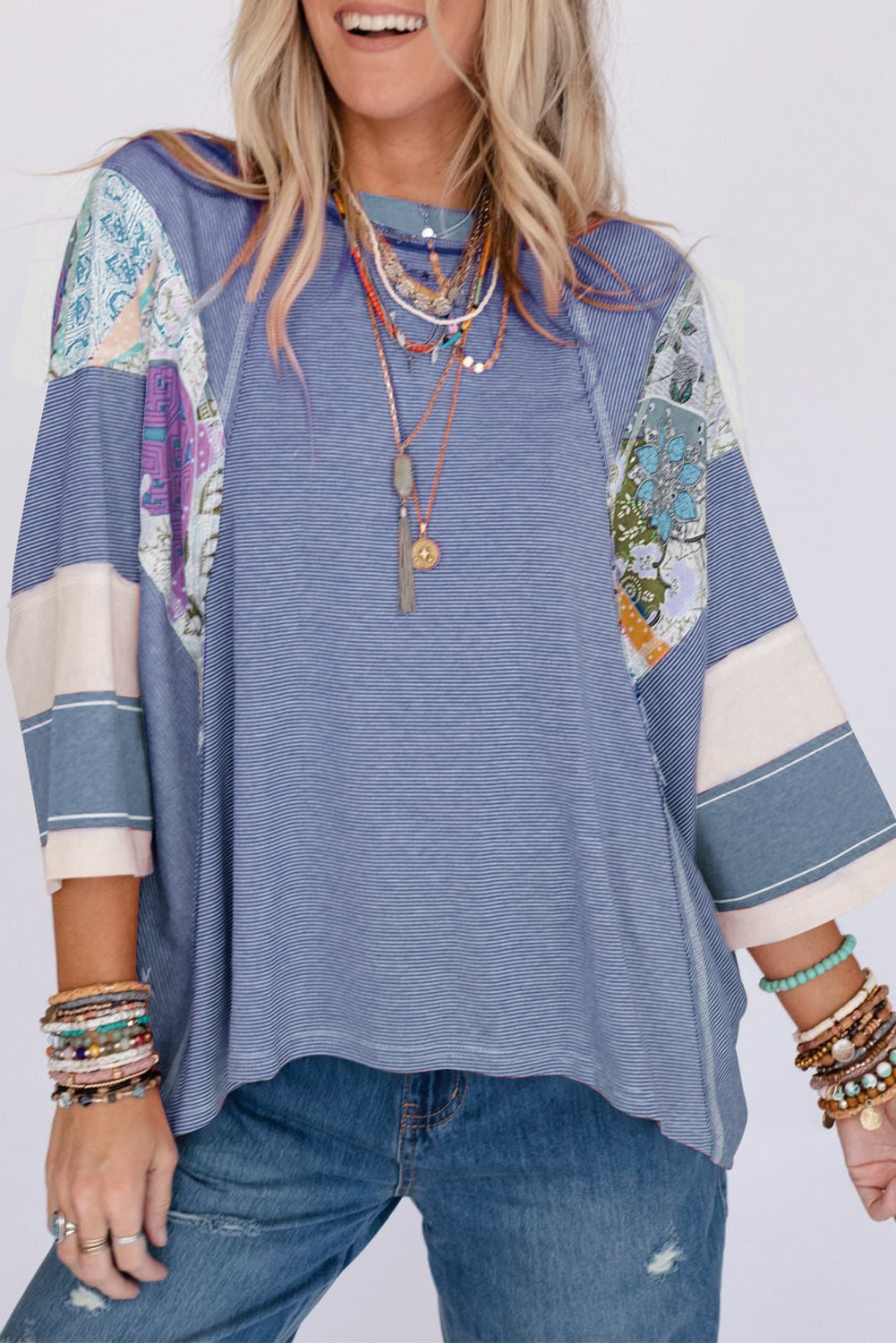 Sky Blue Printed Pinstriped Color Block Patchwork Oversized Top