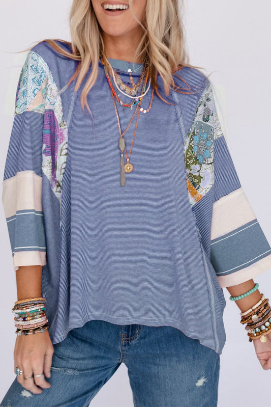 Sky Blue Printed Pinstriped Color Block Patchwork Oversized Top