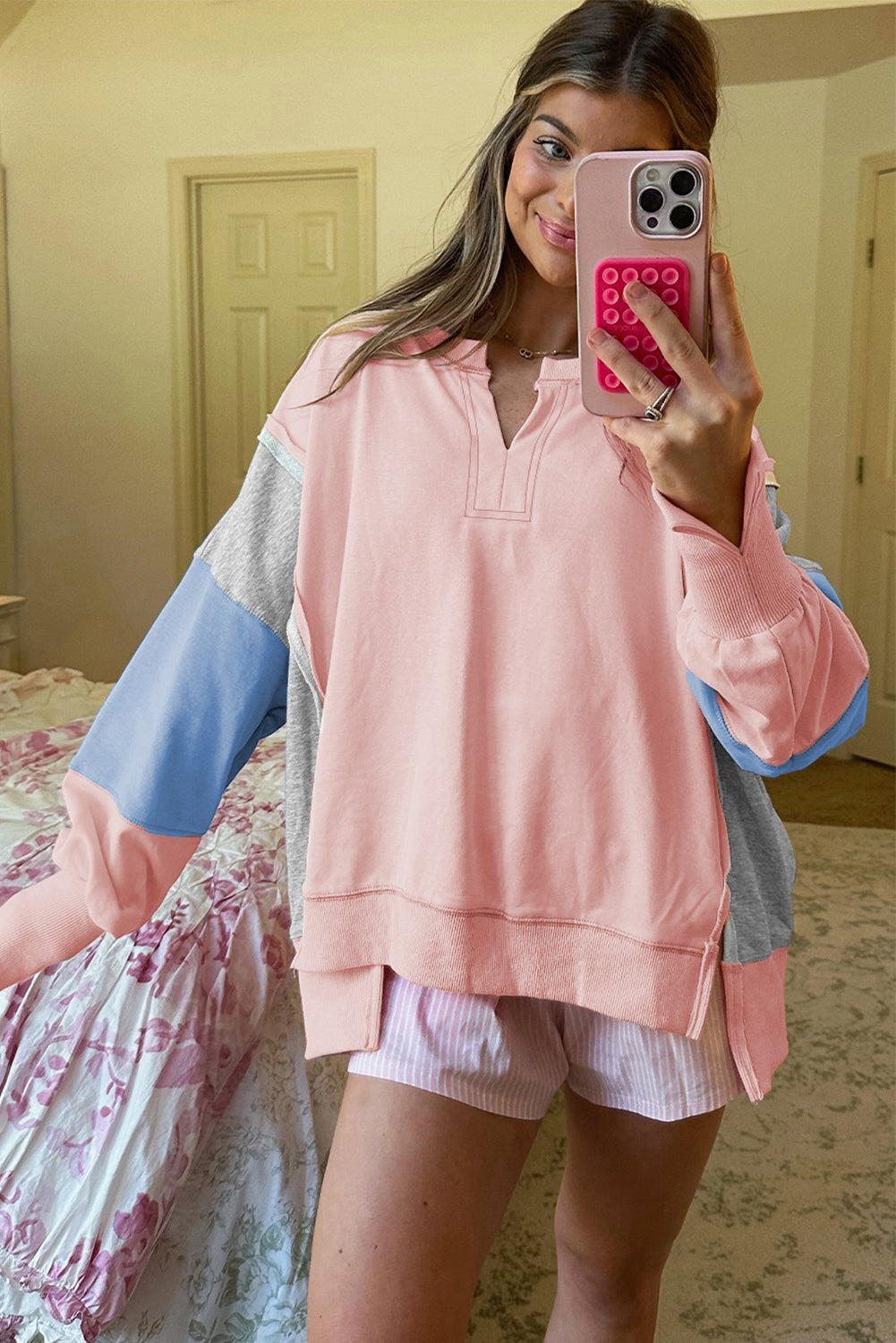 Apricot Pink Exposed Seam Color Block Patchwork Slit Cuffs Oversize Sweatshirt