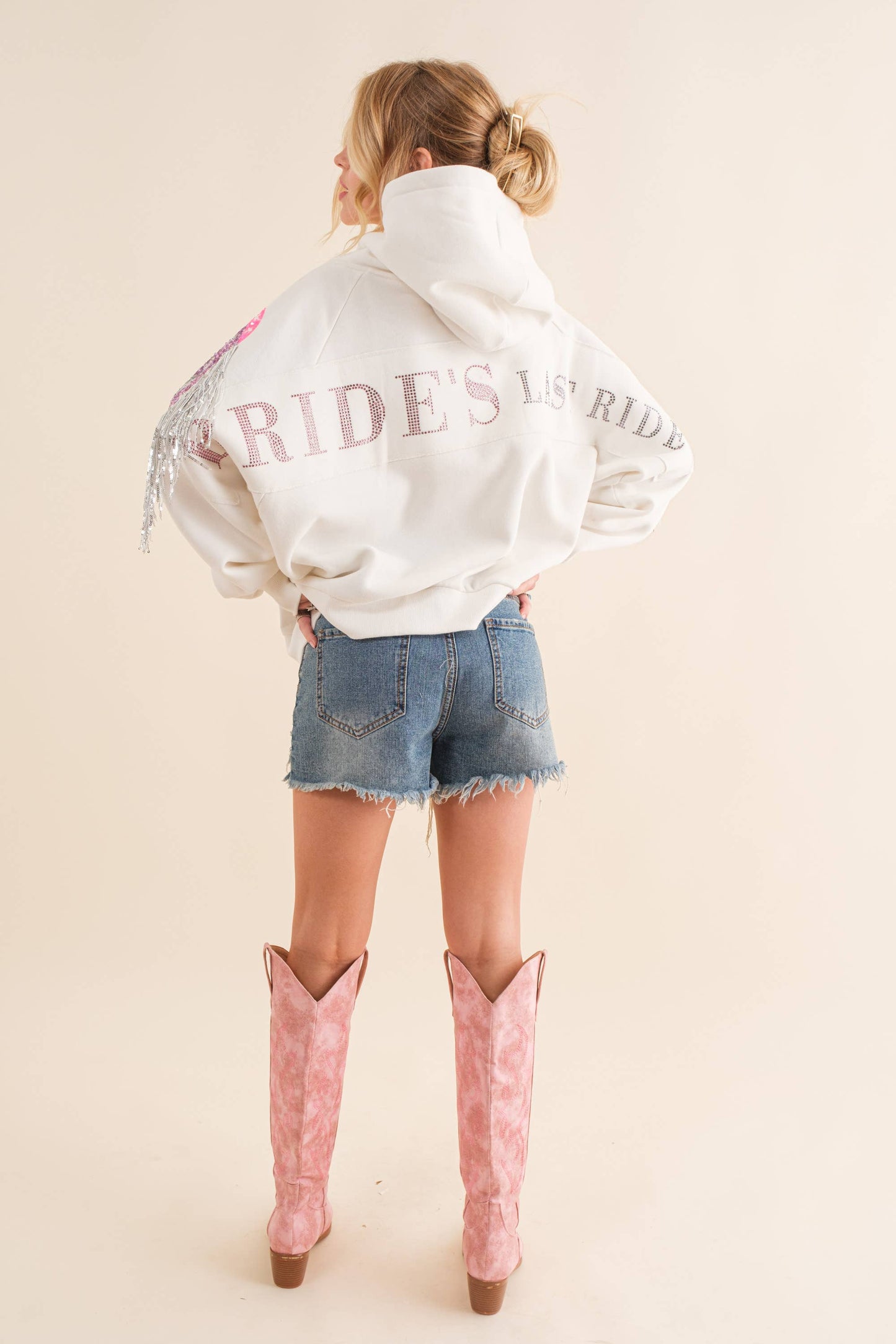 22676J - Fleece Terry Sequin Cowgirl Boots Hoodie: S / OFF WHITE