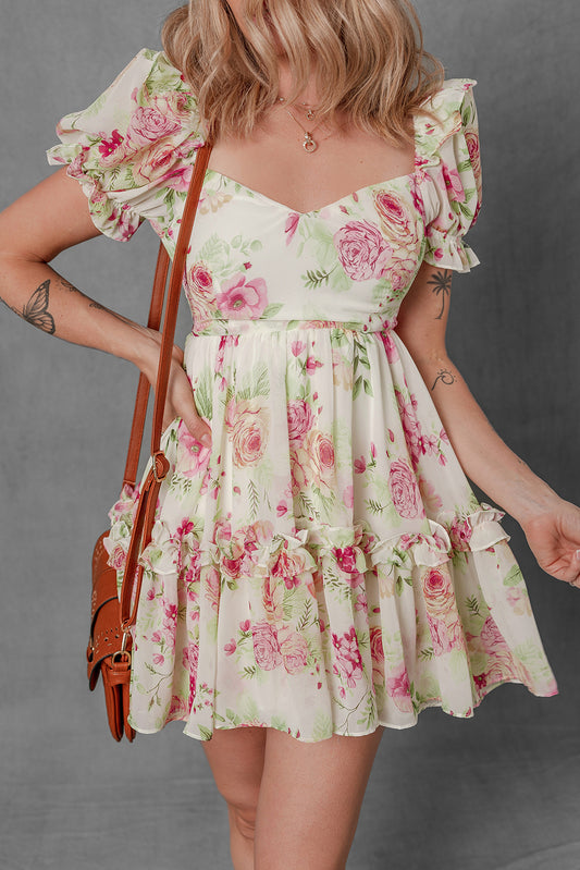 White Vibrant Floral Bubble Sleeve Sweetheart Neck Ruffle Mini Dress