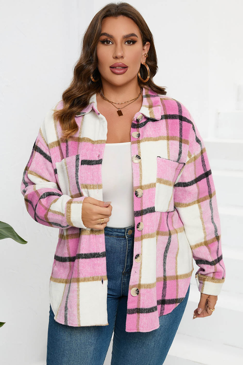Pink Plaid Color Block Buttoned Long Sleeve Jacket with Pocket