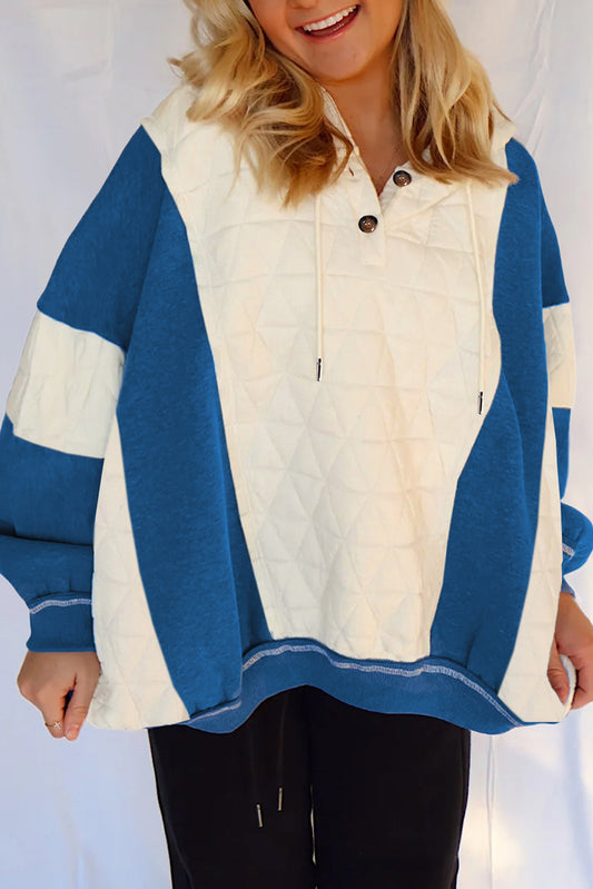 White Quilted Fleece Color Block Patchwork Oversize Hoodie