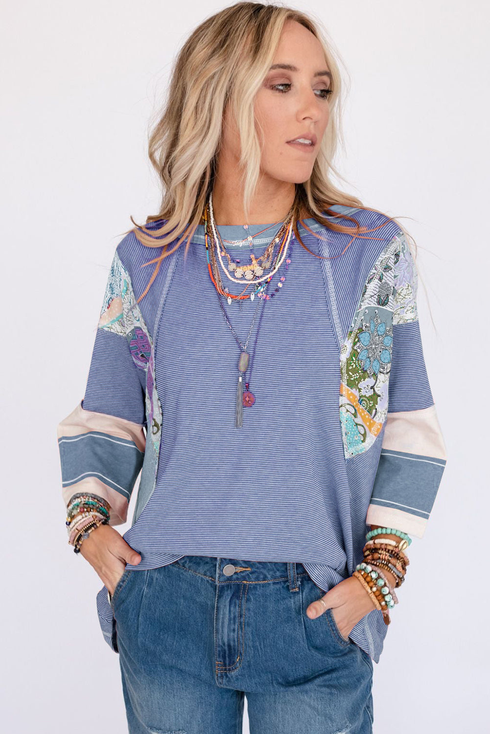 Sky Blue Printed Pinstriped Color Block Patchwork Oversized Top