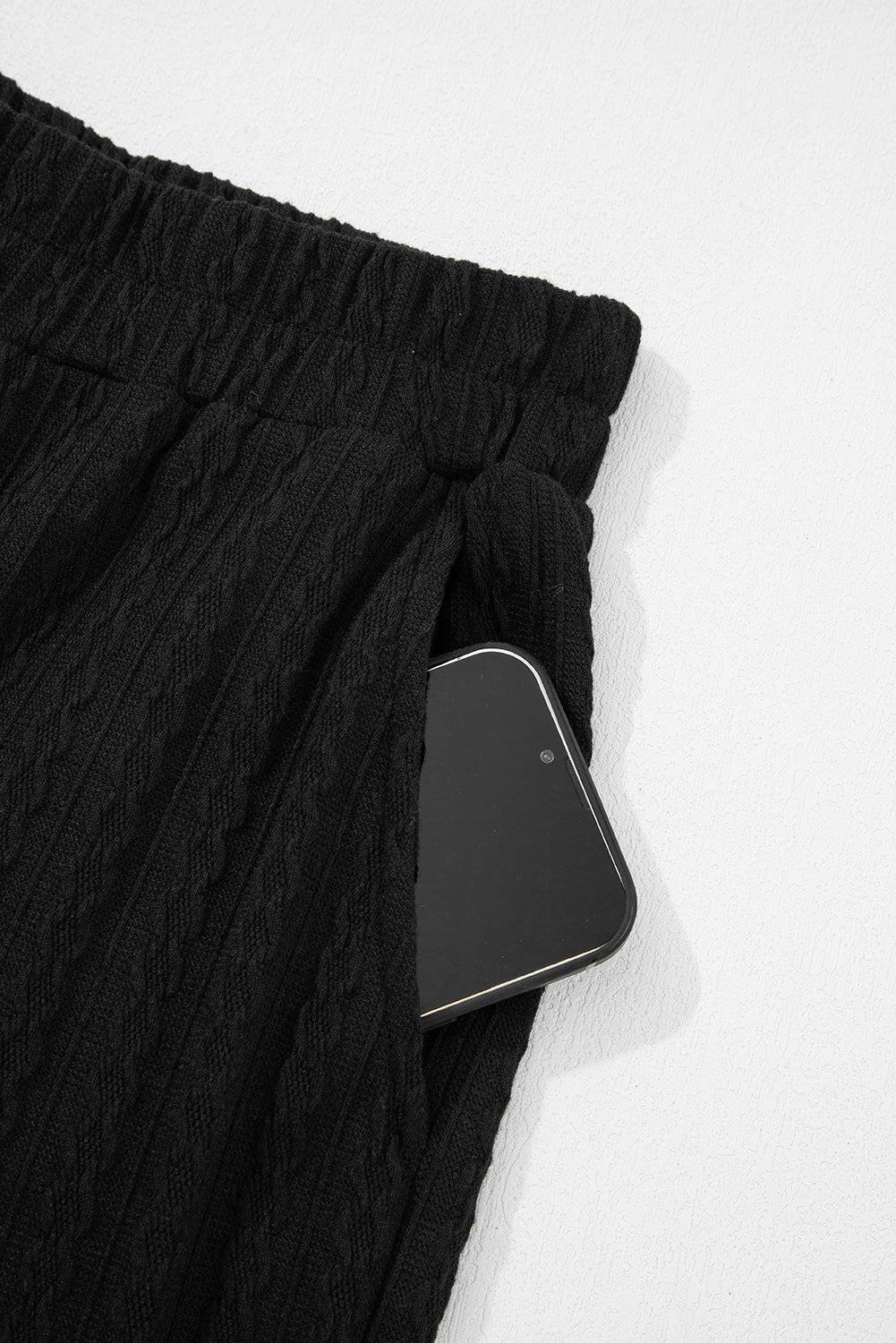 Black Textured Chest Pocket Long Sleeve Top 2Pcs Pants Set