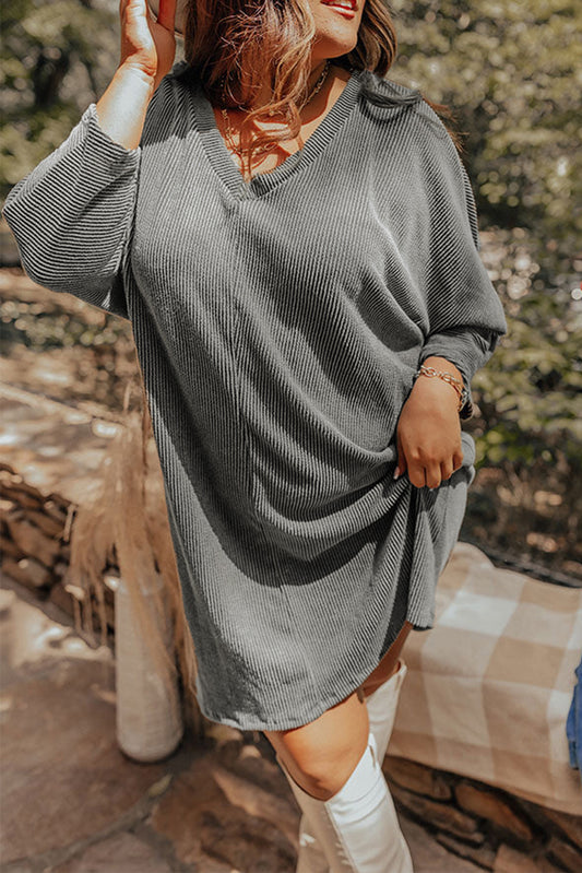 Philippine Gray  Plus Size Corded V Neck Shift Dress