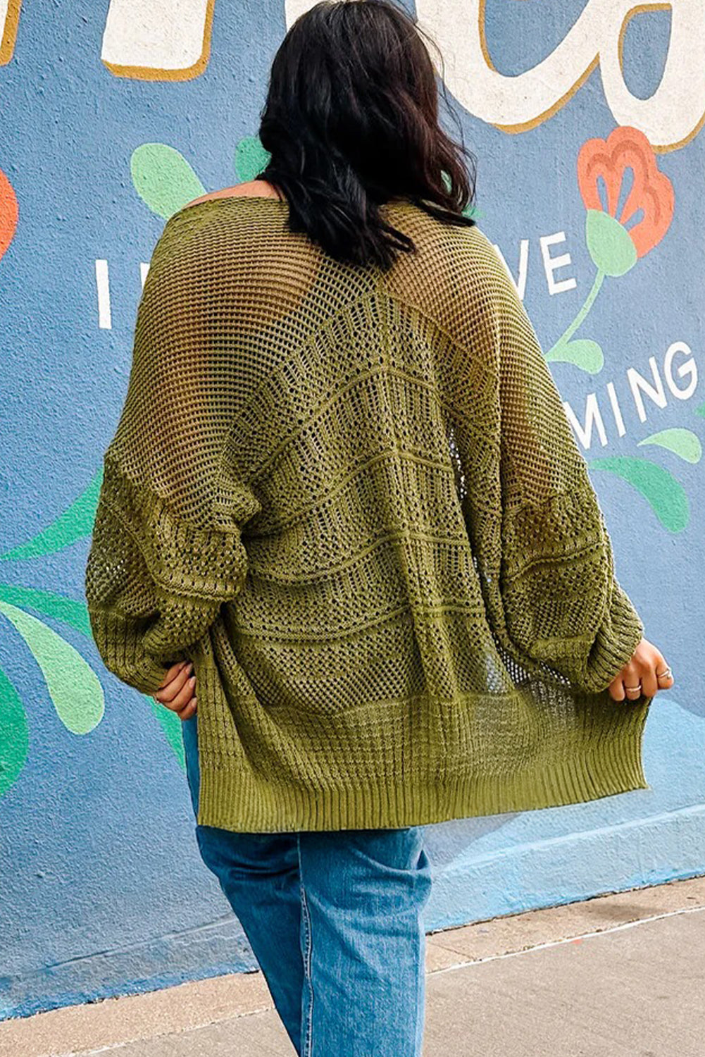 Spinach Green Oversize Crochet Knit Open Cardigan