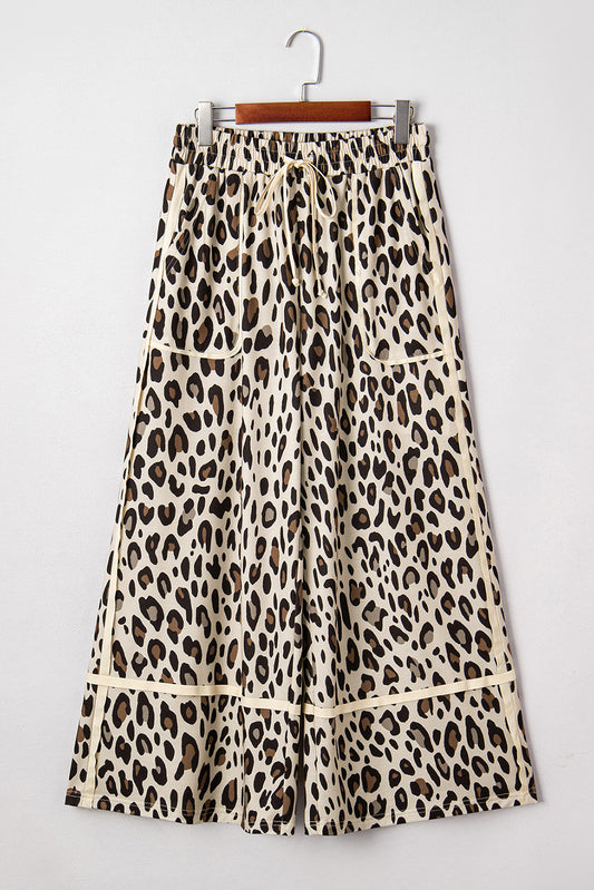 Khaki Leopard Wide Leg Cropped Pants
