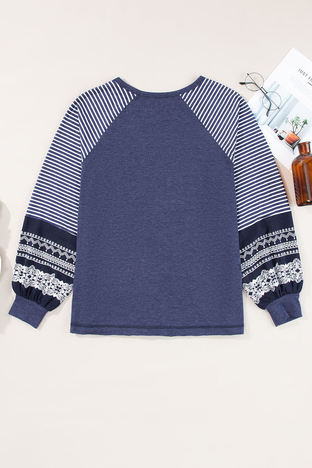 Navy Blue Contrast Print Striped Raglan Long Sleeve Loose Top