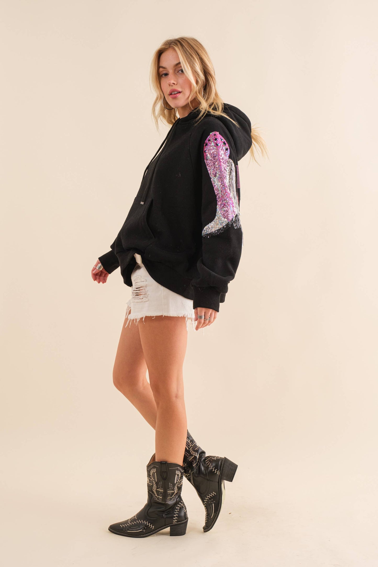 22676J - Fleece Terry Sequin Cowgirl Boots Hoodie: S / OFF WHITE