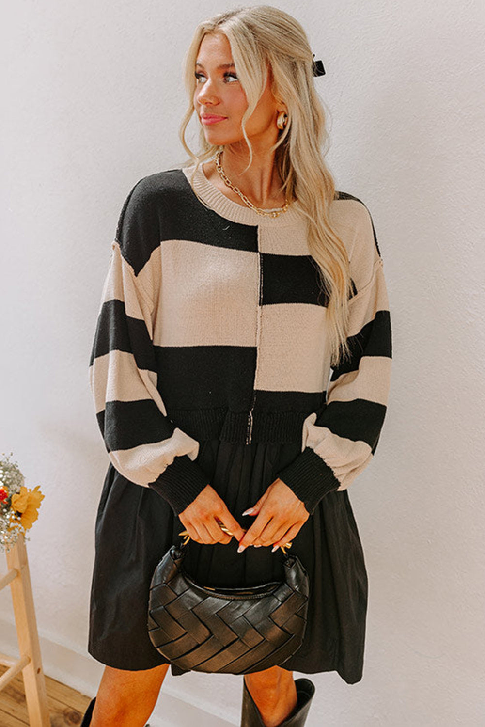Black Stripe Two in One Knitted Top High Waist Splicing Hem Sweater Dress