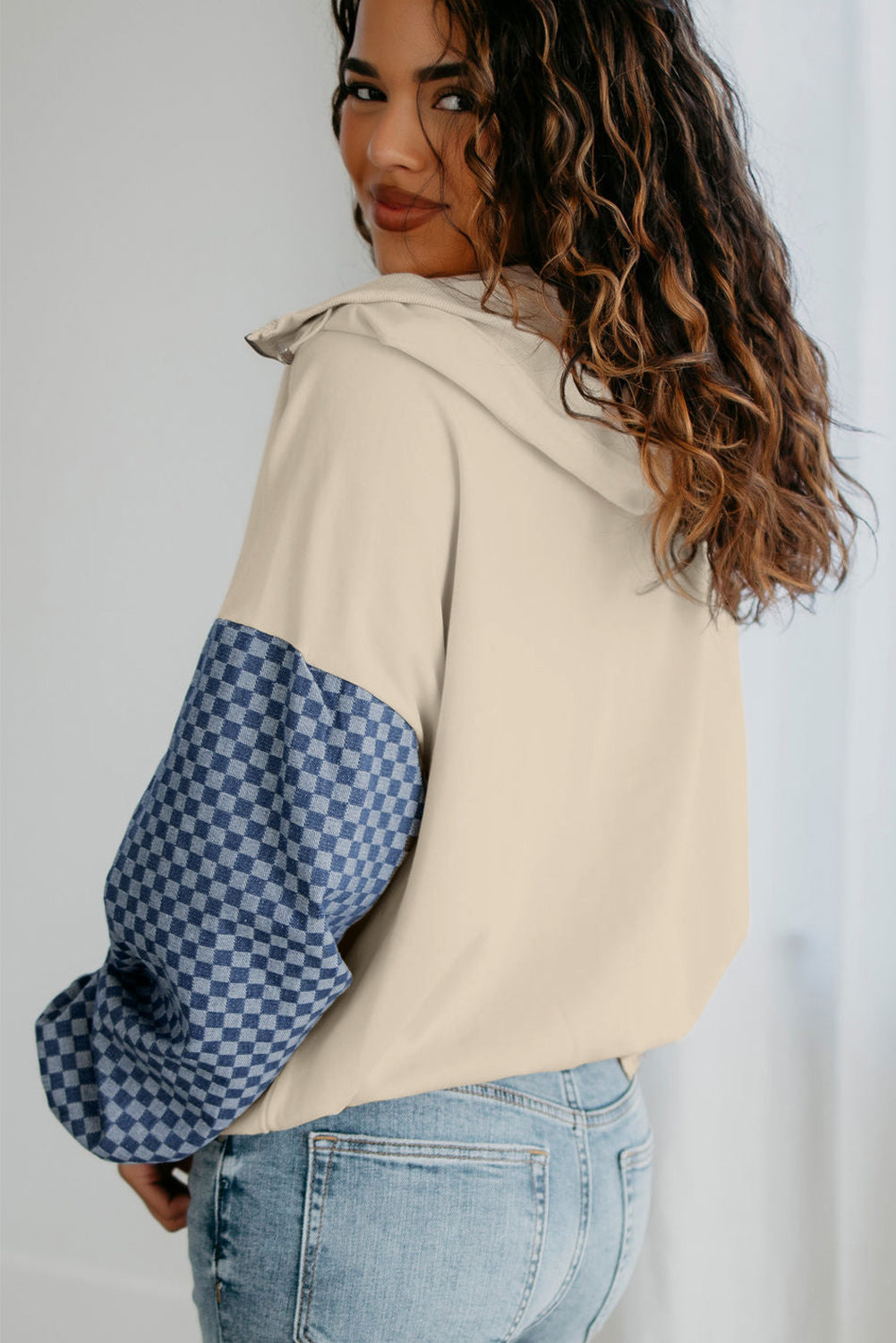 Parchment Checkered Patchwork Kangaroo Pocket Half Zipper Hoodie