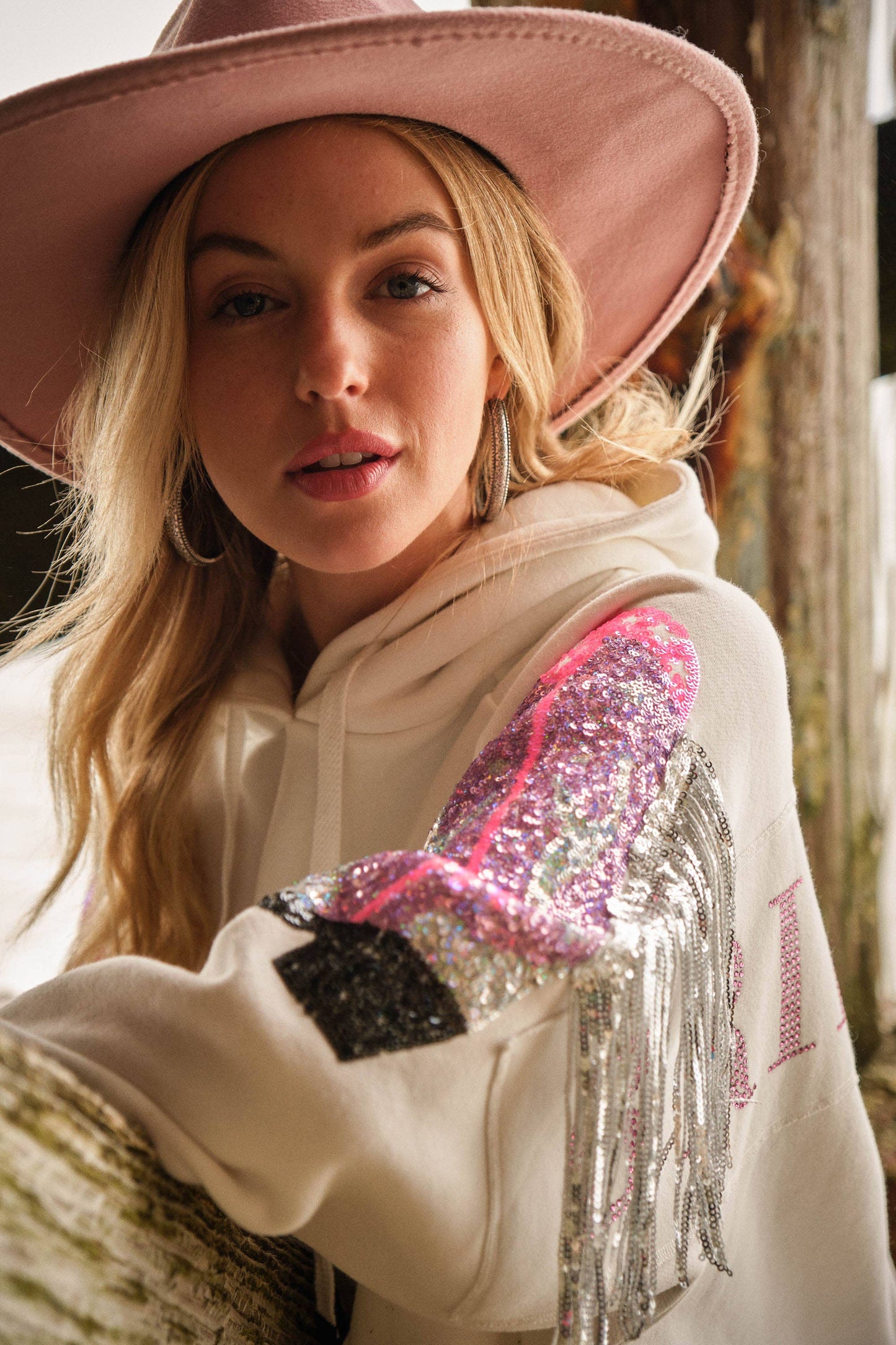 22676J - Fleece Terry Sequin Cowgirl Boots Hoodie: S / OFF WHITE