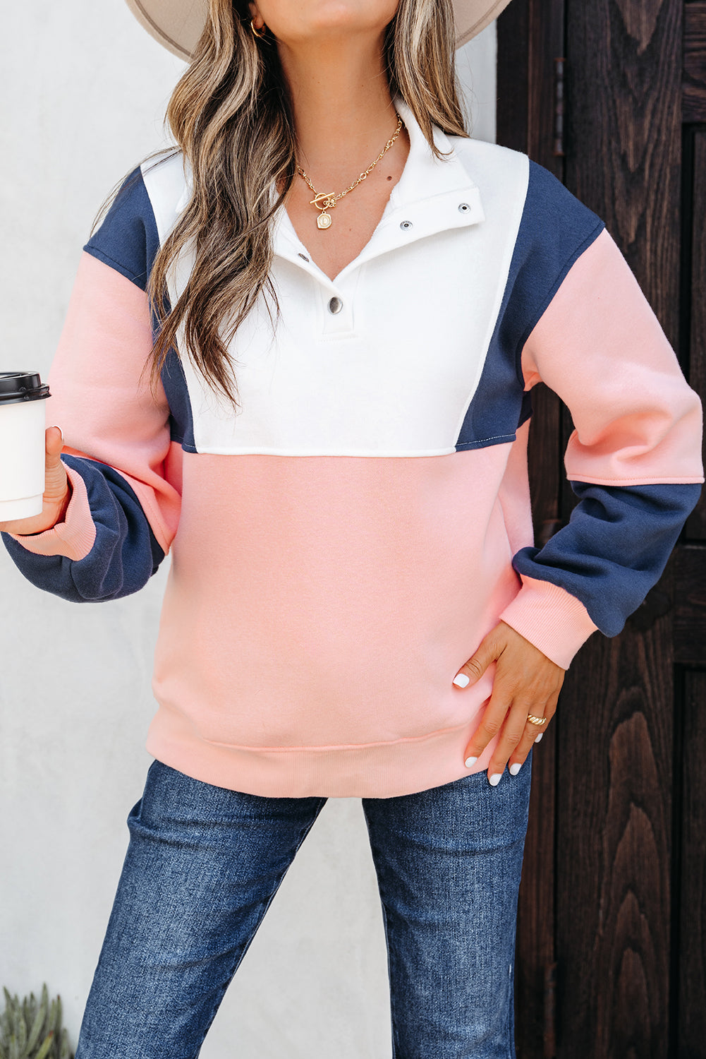 Pink Colorblock Patchwork Half Button Baggy Sweatshirt
