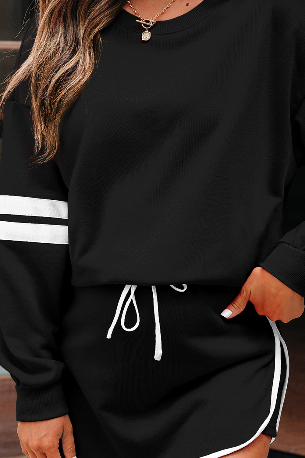 Black Varsity Stripe Detail Drop Shoulder Pullover Mini Skirt Set