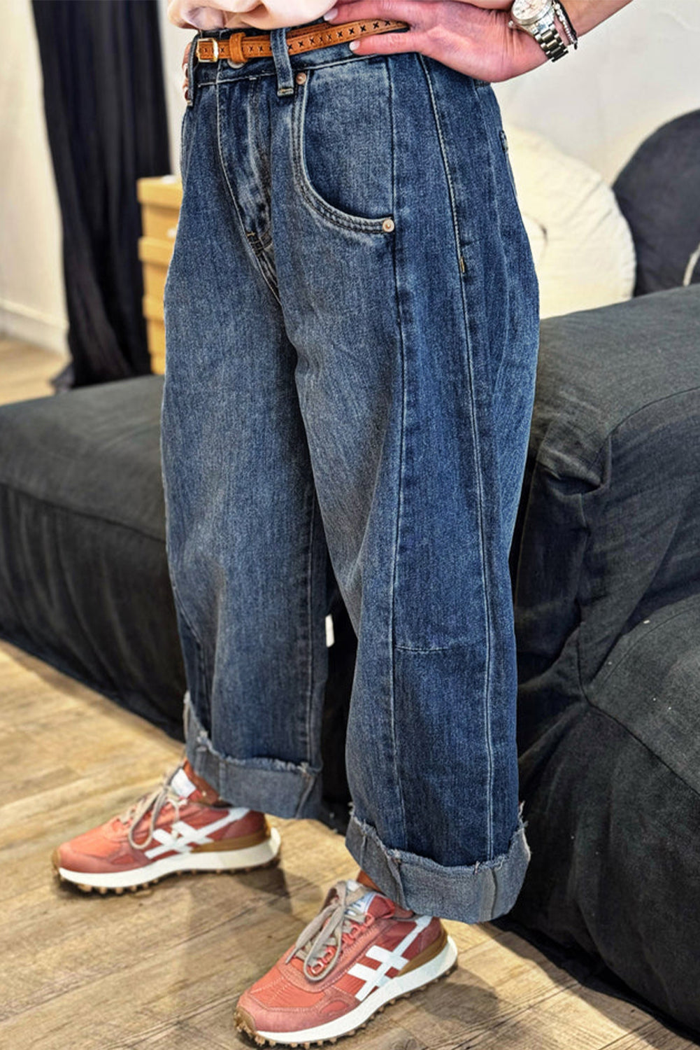 Ashleigh Blue Stitched Raw Hem Wide Leg Loose Jeans