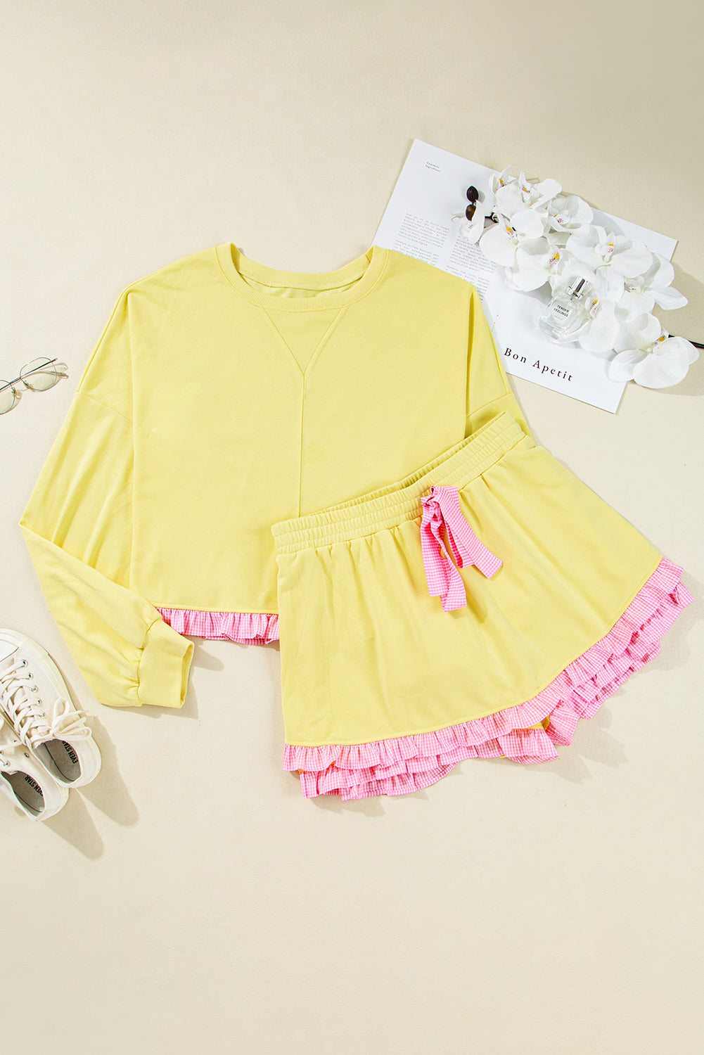 Yellow Contrast Plaid Ruffle Patchwork Pullover Top and Shorts Plus Size Set