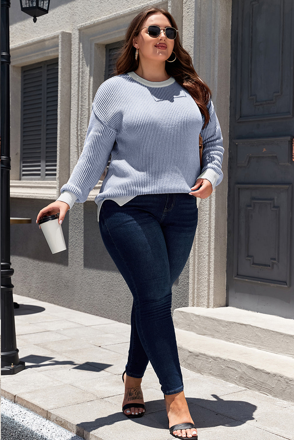 Blue Stripe Plus Size Contrast Trim Crew Neck Rib Knit Drop Shoulder Sweater