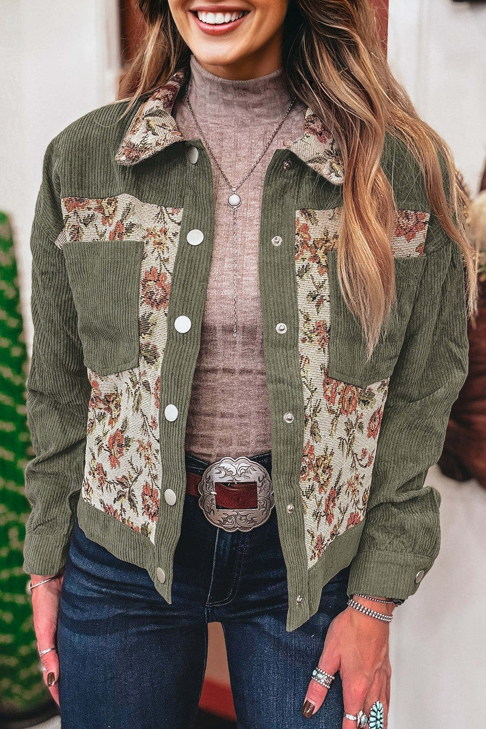 Sage Green Ribbed Retro Floral Patchwork Shirt Style Jacket