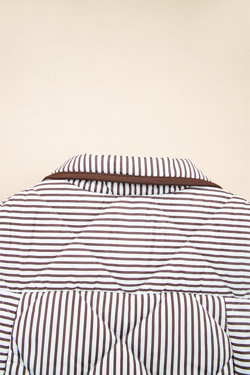 Brown Stripe Contrast Trim Snap Button Collared Winter Vest