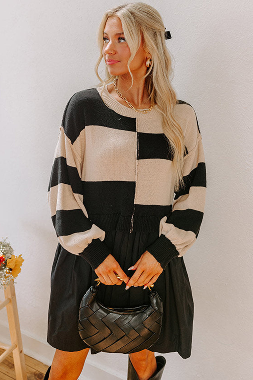 Black Stripe Two in One Knitted Top High Waist Splicing Hem Sweater Dress