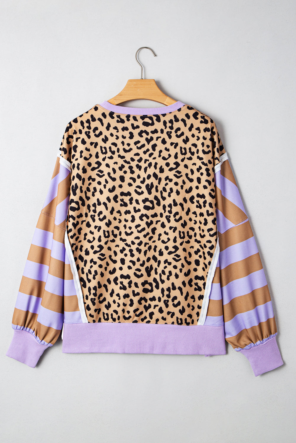 Purple Stripe Color Block Patchwork Leopard Casual Sweatshirt with Slits