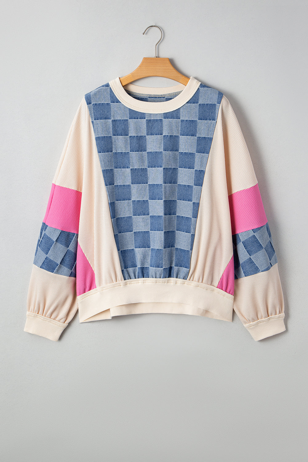 Sky Blue Oversized Checkered Denim Exposed Seam Patchwork Casual Sweatshirt