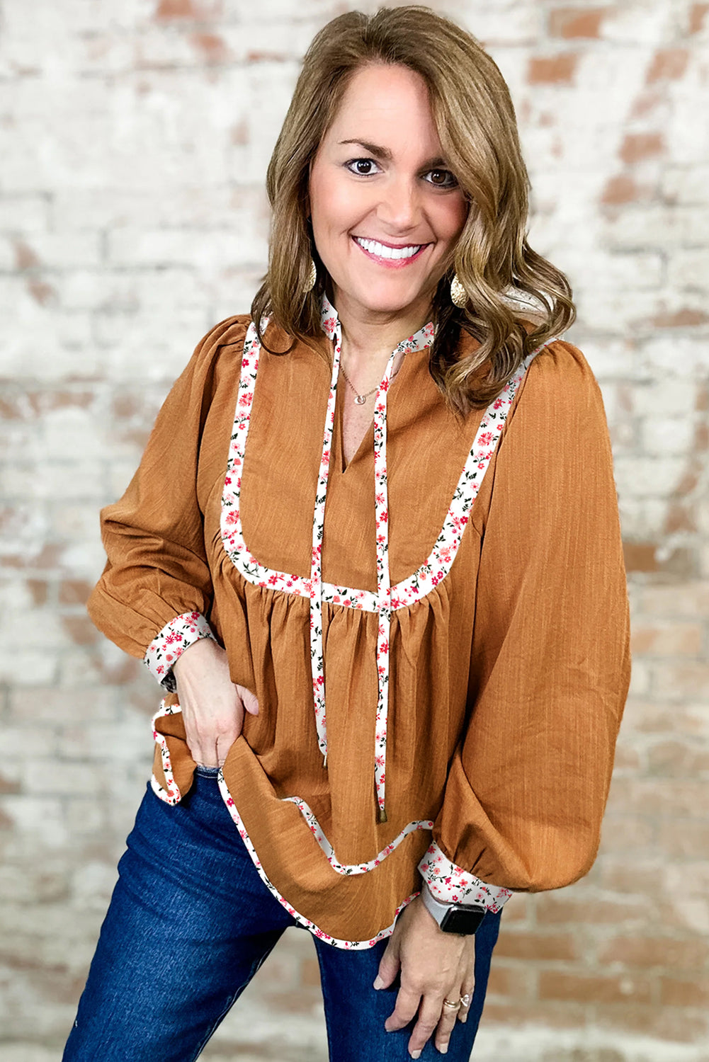 Straw Yellow Split Neck Pleated Floral Trim Long Puff Sleeve Blouse