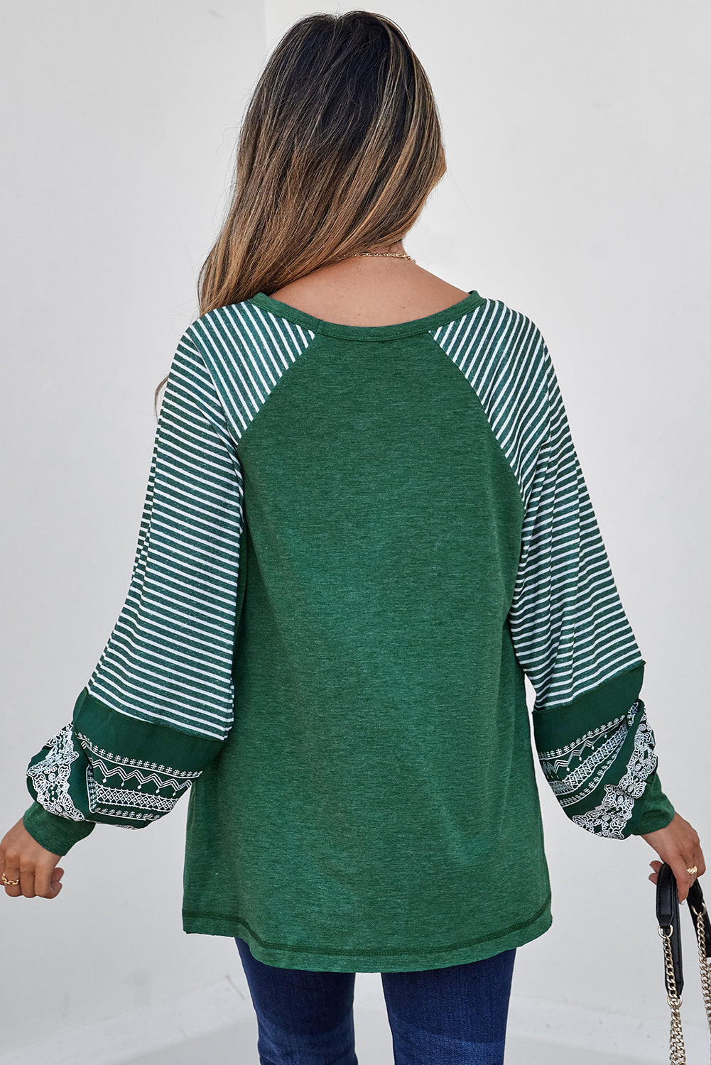 Blackish Green Contrast Print Striped Raglan Long Sleeve Loose Top
