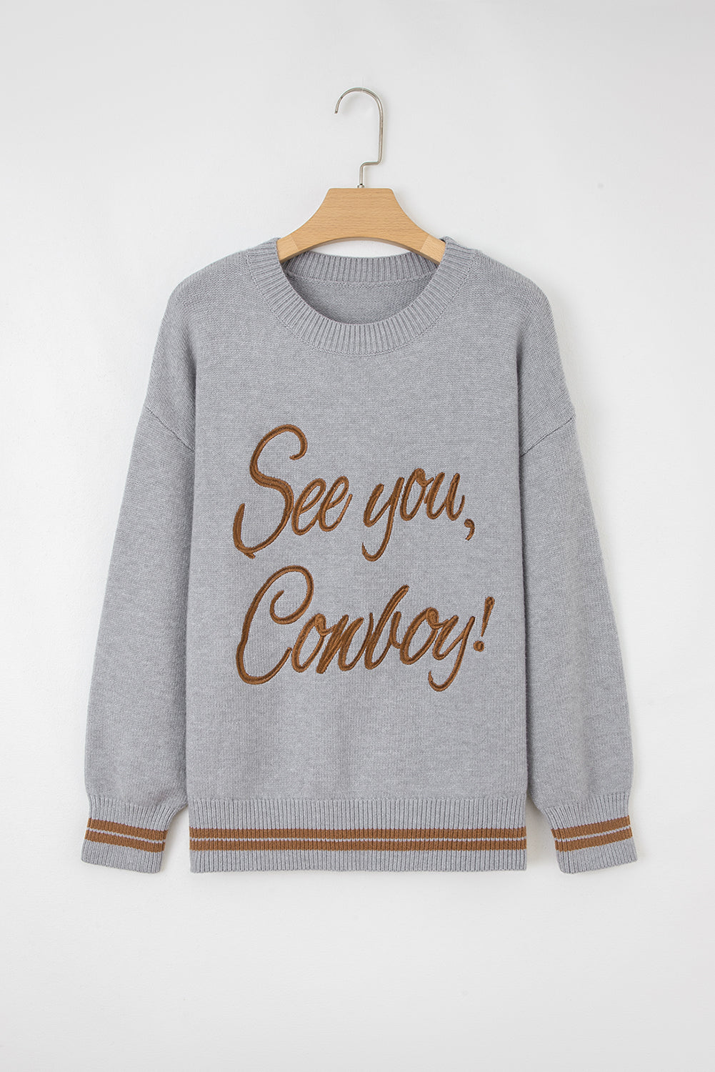Light Grey See You Cowboy Embroidered Western Graphic Sweater