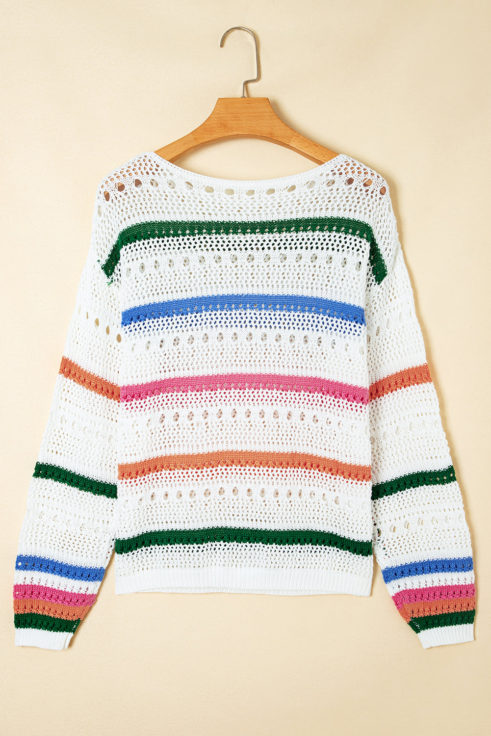 White Color Block Striped Pointelle Knit Sweater