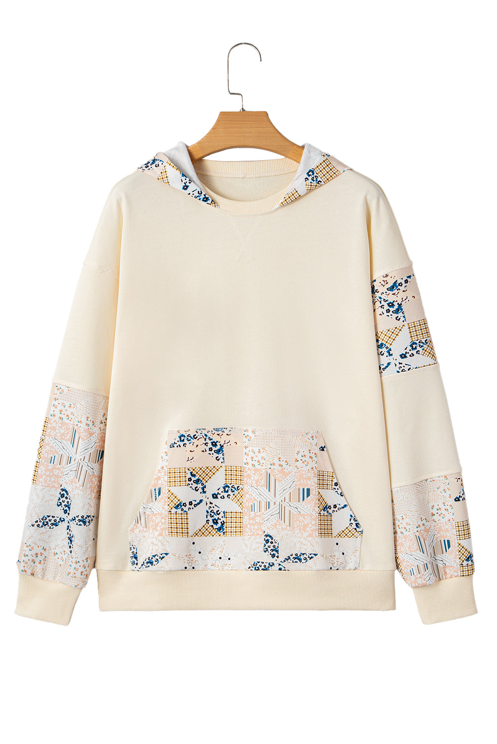 Beige Western Geo Pattern Patchwork Hoodie with Kangaroo Pocket