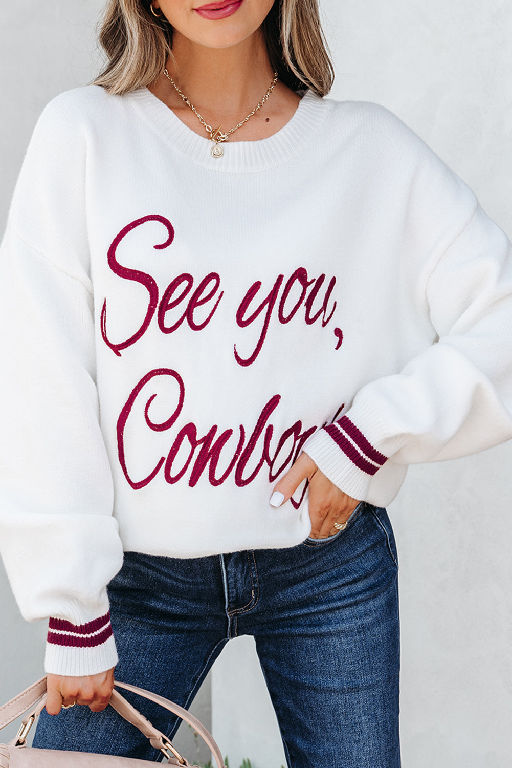White See You Cowboy Embroidered Western Graphic Sweater