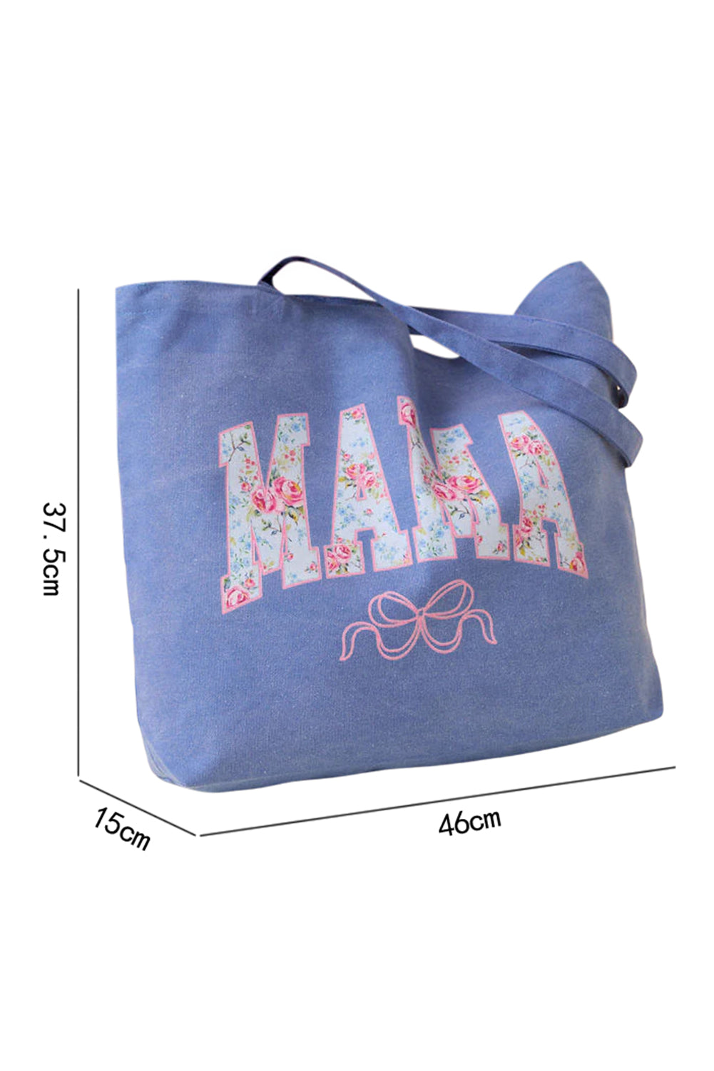 Blue Floral MAMA Letter Bow Print Canvas Tote Bag