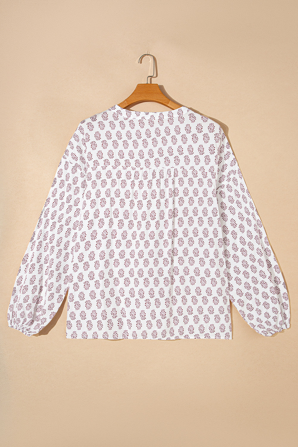 White Boho Print Long Sleeve Buttoned Blouse