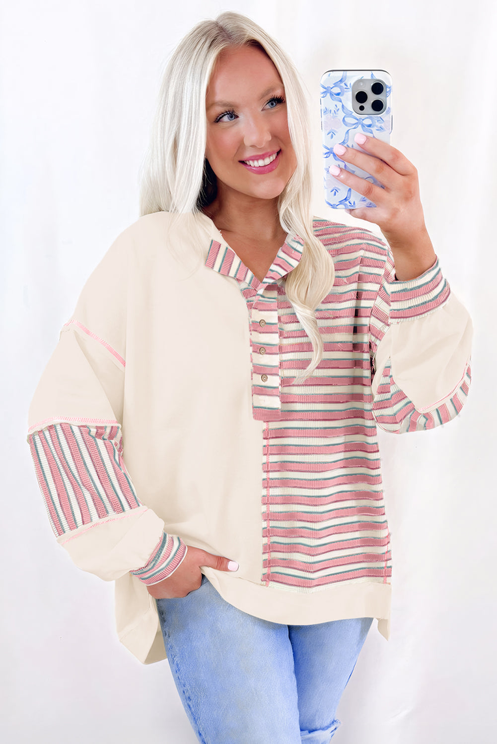 Pink Stripe Stitched Detail Color Block Patchwork Oversized Pullover Top