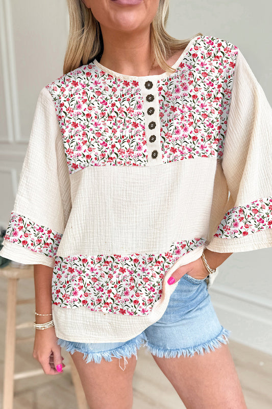 Red Floral Print Gauze Patchwork Henley Button 3/4 Sleeve Blouse